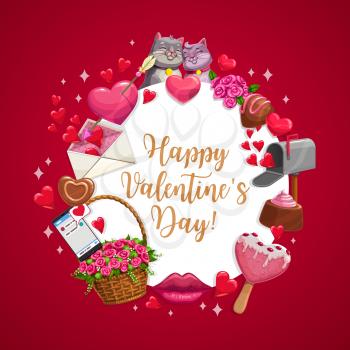 Valentine day wish, vector poster with kissing cats, hearts and arrow, chocolate candy and flowers in wicker basket. Happy Valentine day greeting sms message in phone, pink heart ice cream and lips