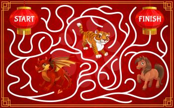 Children maze, kids New Year game with Chinese zodiac animals. Find way child game, labyrinth maze or holiday playing activity with oriental paper lanterns, dragon, tiger and horse cartoon vector