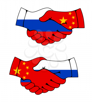 China and Russia, cooperation handshake symbol with flags. China and Russia friendship and partnership, contribution and business agreement handshake sign, Chinese and Russian treaty vector icon