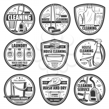 Cleaning, laundry and washing vector icons, house cleaning. Home vacuum cleaner and iron, laundry washing machine and mop sponge, detergent and cleanser, utencil and service icons with soap bubbles