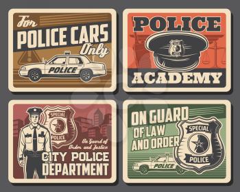 Police and law, security, justice legal court and policeman, officer badge vector posters. Police academy and civil order department, legislation and justice scales, police cars parking signage