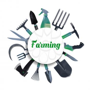 Farming and gardening tools, garden and farm plant equipment, vector frame. Farming and gardening rake and spade, pitchfork and shovel, ax, chopper and sickle, garden clippers tools in frame