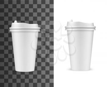 Coffee cup mockup, fast food drink paper cup with plastic lid, vector realistic template. Fastfood cafe takeaway plastic or paper coffee cup, blank white hot drinks package with sipping lid