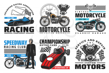 Speedway motorcycle bike races and car racing retro vector icons. Speedway racing club and retro sport cars championship cup, tournament racetrack, motorcycle garage repair and repair service signs