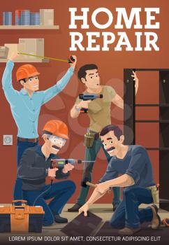 Home repair service workers. Furniture maker assembling wardrobe with electric screwdriver, builder in safety glasses and helmet using drill, laminate or parquet installer, house repair foreman vector