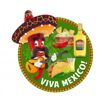 Viva Mexico chilli pepper cartoon character. Vector red pepper with Mexican sombrero hat, mustache and guitar, tacos, and nachos with guacamole and cactus tequila with jalapeno and lime