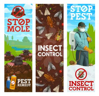 Pest control banners, vector worker spraying insecticide against insects and rodents. Exterminator in protective suit and mask with pressure sprayer. Insects and garden animals chemical extermination