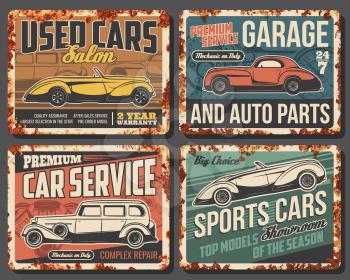 Rare cars and vehicles rusty metal plates. Vintage coupe cabriolet, retro roadster and antique limousine. Used and sport car dealer showroom, old vehicles repair and restoration service vector banner
