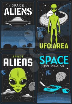 Retro posters with alien and ufo area, vector extraterrestrial comer with green skin and huge eyes. Space exploration card with shuttle in outer cosmos with stars and planets, saucers in starry sky