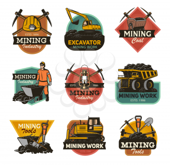 Coal mining industry isolated vector icons set Mine machinery and miner equipment tools. Metal ore, coal, excavator or digger and bulldozer, jackhammer and pickaxe, man in hardhat with wheelbarrow