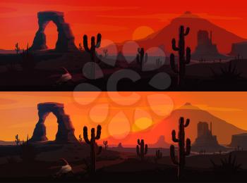 USA desert landscape vector backgrounds with Arizona or Western nature. Mexican saguaro cactuses and Wild West mountains, sunset and sunrise suns, rock and sand roads, bull skulls, red sky and clouds