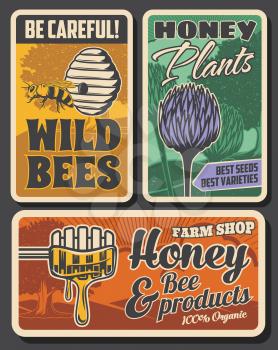 Beekeeping farm and honey production retro posters. Bees hive or nest, clover flowers and tree, wooden dipper with dipping fresh honey vector. Wild bees danger beware warning, plants seeds shop banner