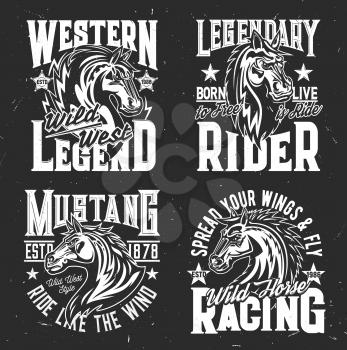 Horse races and polo riding t-shirt prints, equestrian sport club vector grunge icons. Wild horse equine racing and mustang riding, Born to be Free and Life is Ride quote, gunge sign for t shirt print