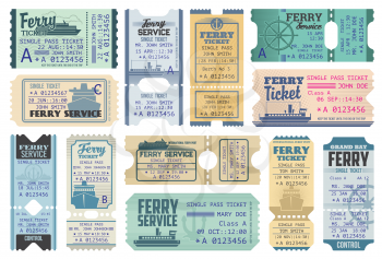 Ferry tickets for ocean and sea cruise, vector vintage cards for entry on marine vessel. Control coupons for access with date, time, price and separation line. Ferry tickets isolated templates set