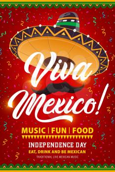 Viva Mexico vector flyer with mexican sombrero, mustaches and confetti. Independence day celebration. Invitation cartoon poster for festival of traditional music and food, Latin culture holiday party