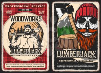 Lumberjack service, woodwork vintage posters. Strong man in shirt, holding felling axe, lumberjack smiling skull with red beard and mustaches wearing knitted hat, tree stump and mountain forest vector