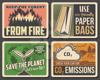 Keep forest from fire and use eco-friendy paper bags. Environment, nature conservation and recycling. Save the planet, protect Earth and stop CO2 emission from cars and air pollution, vector
