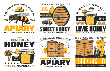 Apiary, honey and beekeeping farm vector icons. Family apiary and beekeeper labels, beehive honeycomb and honey splash, wooden barrel and glass jar