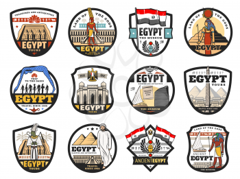 Ancient Egypt travel and religion, culture and landmarks vector icons. Egyptian Cairo and Giza tours to pharaoh pyramids, Egyptology antiquities and mummy museum, temples and gods, mosque and flag