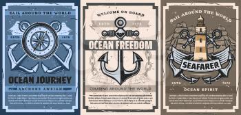 Nautical and marine vintage posters with anchor and ocean waves, frigate boat with sails, lighthouse and chains, seafaring navigation compass with wind rose. Marine travel and adventure vector