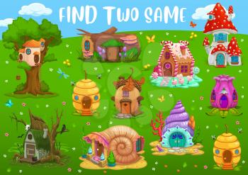 Find two same fantasy dwelling houses, kids maze game, vector tabletop. Kids puzzle board game to find similar cartoon hoes of dwarf or gnome elf in beehive, acorn and snail, seashell and mushroom