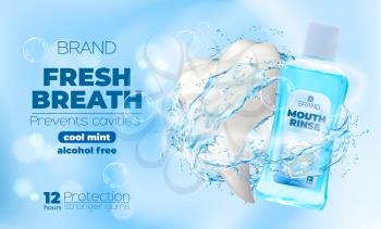 Mouthwash and mouth rinse bottle in transparent water splash and swirl drops, vector. Tooth mint dental care product poster for mouthwash or oral hygiene and gum rinse, alcohol free cavity protection