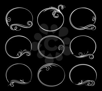Vintage obituary, mourning borders. Funeral service frames, vector ornamental dividers, round decorations with curly embellishments, floral elements. Funeral cards retro frames, calligraphic borders