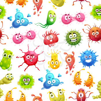 Cartoon viruses, germs, microbes and bacteria seamless pattern, vector background. Funny characters of virus infection and bacterial pathogens, kids background of flu or viral disease with cute smile