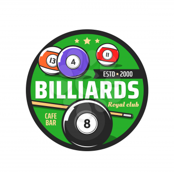 Billiards club vector icon of pool cue sport with billiard balls and cue on green table of snooker game. Billiards tournament, sporting competition and pool hall isolated round symbol design