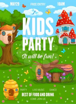 Kids party flyer with fairy fantasy houses and dwellings of gnomes. Children picnic garden party and holiday entertainment vector poster with dwarf fairy nest and mushroom, log and beehive homes
