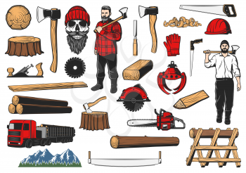 Woodworking, logging and forestry industry tools. Vector lumberjack skull, carpenter with ax, circular, hand and chain saw, truck with logs, wood chunk and tree stump, mountains logging machine claws