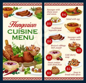 Hungary cuisine vector menu template, sausages with spicy sauce and onion, salad with egg, traditional vegetable stew. Cold cherry soup, cabbage and soup bread with spices Hungarian meals, food dishes