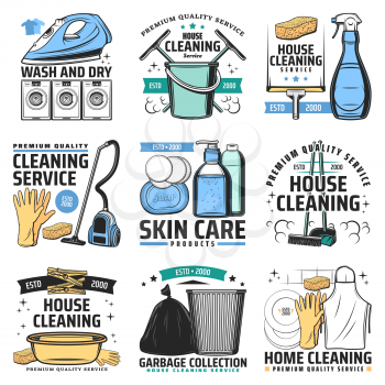 House cleaning and hygiene vector icons. Vacuum cleaner, iron and washing machine, rubber gloves, broom and dustpan, detergent and squeegee, trash bucket and bag. Laundry and house cleaning service