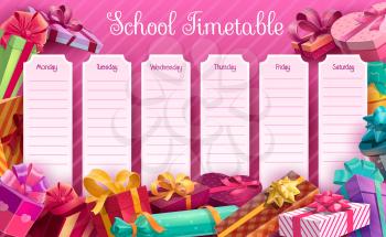 School timetable with gift boxes vector template. Lessons planner, weekly schedule, timetable with heart, candy and cube shape giftboxes, wrapped in pink, red and turquoise paper, decorated ribbon bow