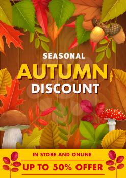 Autumn discount, sale offer vector promo with fall foliage, cep, fly agaric mushrooms and acorns on wooden background. Seasonal shop promo with leaves of maple, birch and oak. Price off cartoon poster