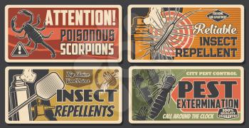 Pest extermination, insect repellents, scorpio attention sign. House disinsection, Vector centipede, silverfish, termite and flies fumigation. Domestic pest control service retro vintage posters