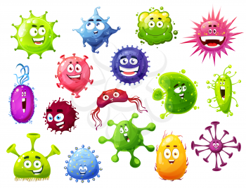 Cartoon viruses, vector cute bacteria and germs characters with funny faces. Smiling pathogen microbe monsters with big eyes, colorful cells with teeth and tongues, coronavirus isolated icons set