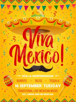 Viva Mexico vector poster with mexican symbols sombrero, mustaches and maracas. Cartoon flyer with flag garlands and confetti, invitation for festival of traditional live music party, Mexico holiday