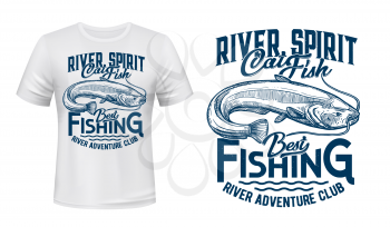 Catfish with long barbels t-shirt vector print. Freshwater catfish engraved illustration and typography. River fishing sport club clothing custom print mockup, hobby apparel template with fish mascot