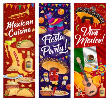 Viva Mexico vector banners with Mexican fiesta party food and chilli pepper character. Sombrero hats, Mexico flag and map, maracas, guitar, pinata and tequila, tacos, burritos, jalapeno and quesadilla