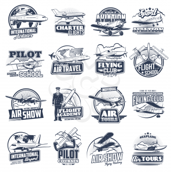 Aviation vector icons vintage and modern planes. Flight school, pilot courses, tours and international airport. Flying club, seaplanes and airplane aviation, air show, aviators and fliers labels set