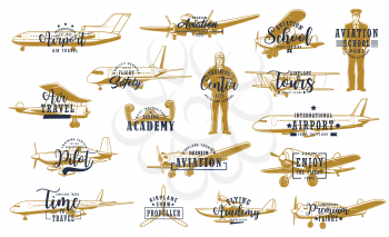 Flight, airline planes icon, aviation fly and airport travel, vector retro. Pilot academy, avia instructor and aviator school emblem, airport private jet service and propeller airplane show