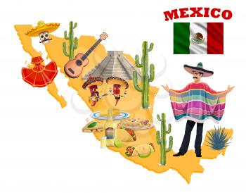 Mexican map with vector mariachi, red chilli pepper musicians, sombrero hats, maracas and guitar, flag of Mexico, cactuses and tequila, taco, burrito and quesadilla. Mexican holiday greeting card