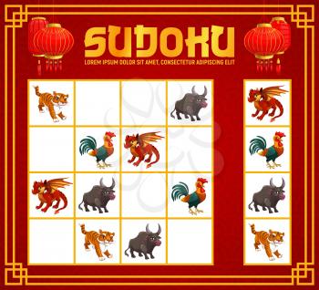 Sudoku game or puzzle with cartoon vector zodiac animals of Chinese New Year. Children education logic game, riddle, rebus or worksheet template with lunar horoscope animals and red paper lanterns