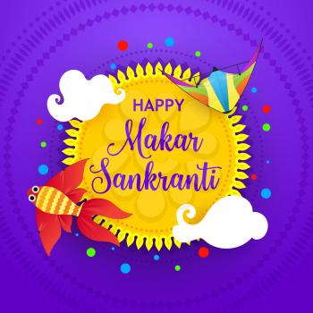 Happy Makar Sankranti festival banner, Indian Maghi greeting card design with colorful kites and sun. Nepal harvest and winter solstice holiday poster with kites, lettering and ornaments vector