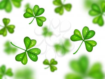 Shamrock on white background with blurred effect. Vector St. Patrick day symbol, cartoon green clover randomly flying on white backdrop. Celtic traditional lucky trefoil, shamrock pattern or ornament