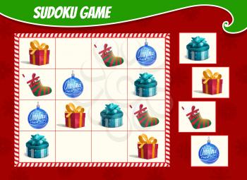 Kids sudoku game with Christmas gifts boxes, stocking and ornaments bauble. Children activity sheet, logic training puzzle or educational game with winter holiday presents and toys cartoon vector