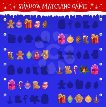 Kids shadow matching game with Christmas objects. Children maze or riddle with matching task. Gingerbread cookies, Christmas tree ornaments baubles, gift box and mitten, candy cane, stocking vector