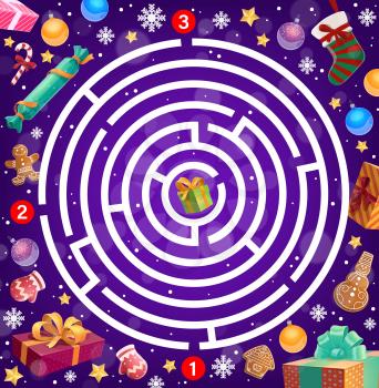 Kids game labyrinth, Christmas maze with gifts, decorations and sweets. Gingerbread cookies, candy cane and Christmas stocking, wrapped presents, snowflakes and decor ornaments cartoon vector