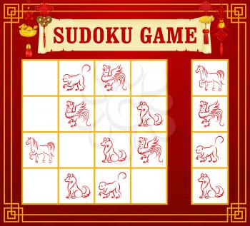 Zodiac animal sudoku game, puzzle or riddle vector template of children education. Logic game worksheet on red oriental background with silhouettes of Chinese New Year lunar horoscope animals